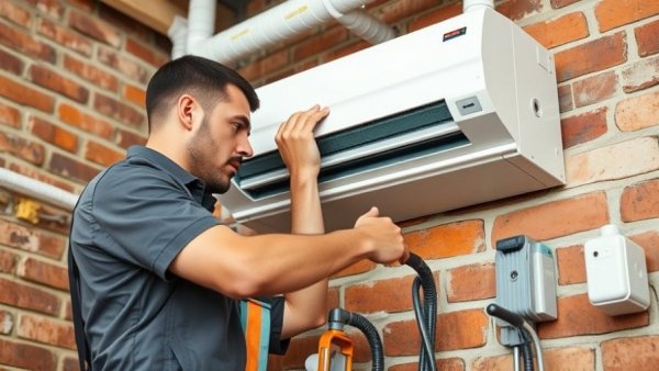 Technicians installing HVAC unit during summer replacement, teamwork focus.