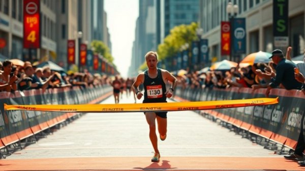 Runner celebrates breaking 2-Hour Marathon Barrier at finish line.