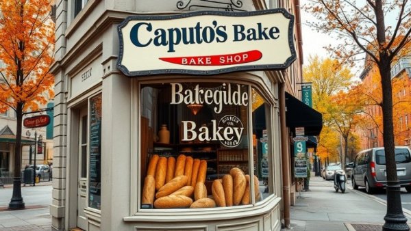 Caputo's Bake Shop storefront with bread display, urban street setting.