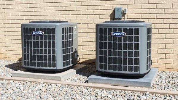 Lennox HVAC units by a pebble path illustrating price increases.