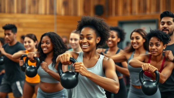 Kettlebell swing class with diverse participants and instructor.