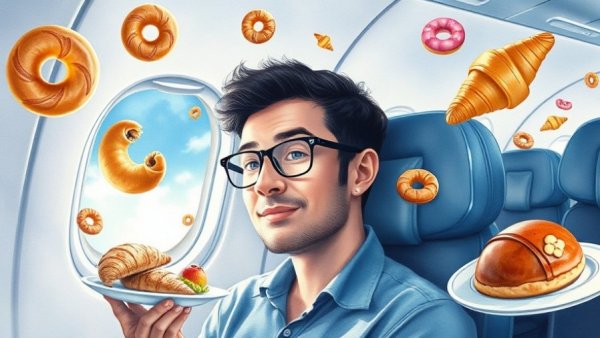 Richie Moriarty experiencing whimsical culinary delights on a plane.