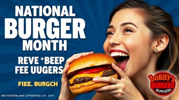 Bobby's Burgers National Burger Month promotion with woman enjoying burger.