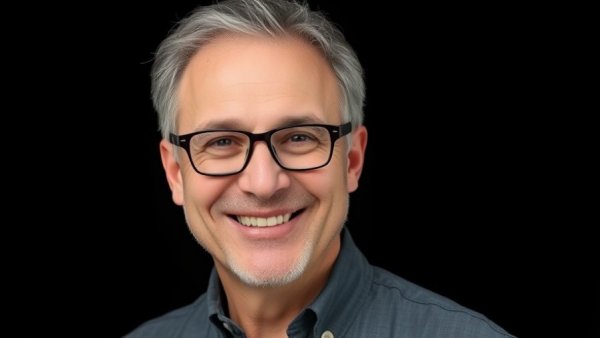 Middle-aged man with glasses, smiling against a black background.
