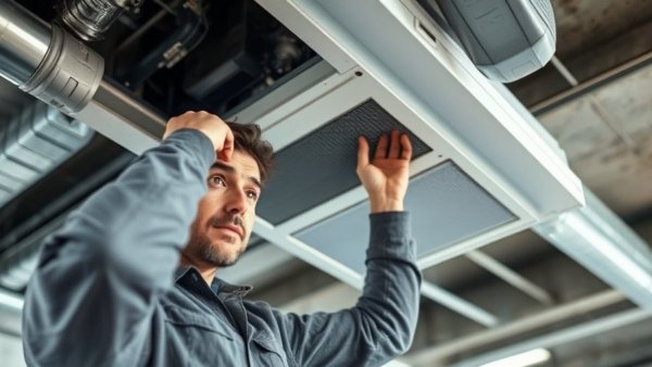 Technician repairing ceiling HVAC unit for sustainable business growth.