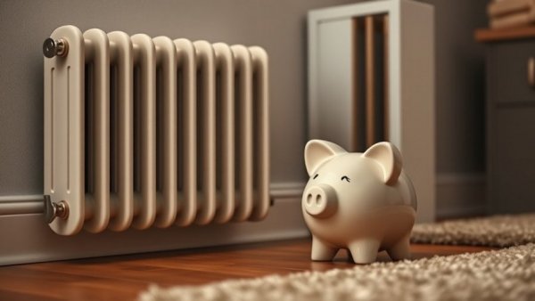 Ceramic piggy bank near radiator, symbolizing HVAC energy savings.