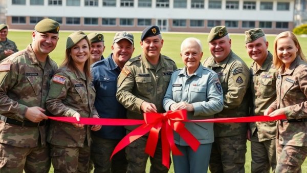 Army officials and civilians cutting ribbon at event, Army Nutrition Changes.