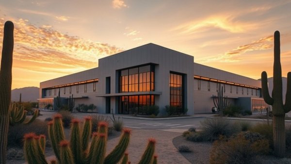 Modern fitness facility building at sunset in desert landscape