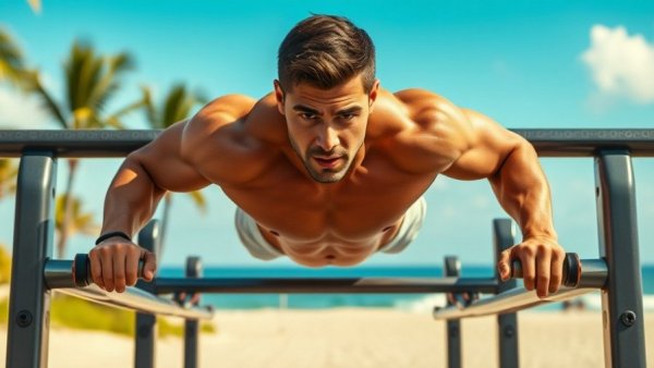 Muscular athlete optimizing core workout outdoors under the sun.