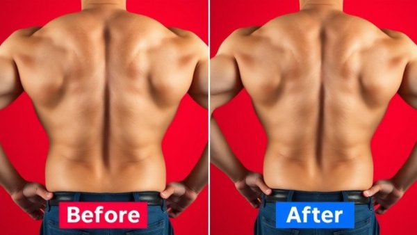 Fitness transformation showing reduced love handles from exercises.
