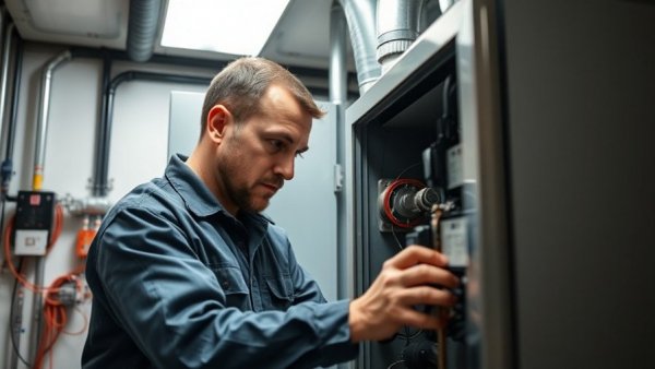 Technician working on gas furnace components in utility room.