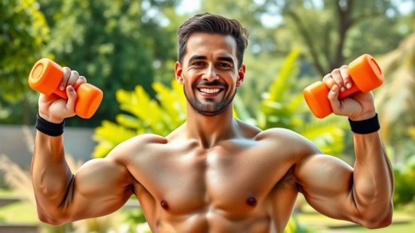 Fit man performing dumbbell upper body workout in a garden.
