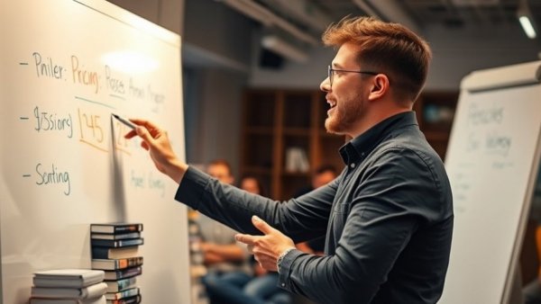 Person explaining pricing strategy on whiteboard in office