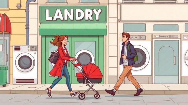 Illustration of a NYC laundromat street scene with people passing by.