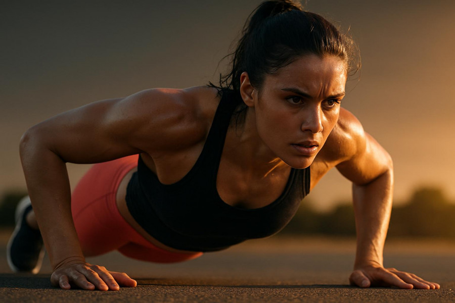 Athletic woman mid-pushup in golden hour light, embodying bodyweight training and determination.