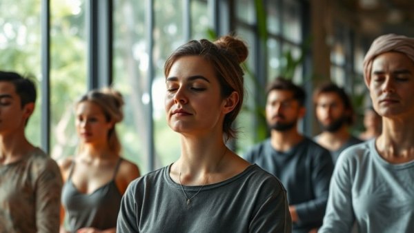 Meditation circle in serene, nature-filled room, biomarkers build vacation itinerary