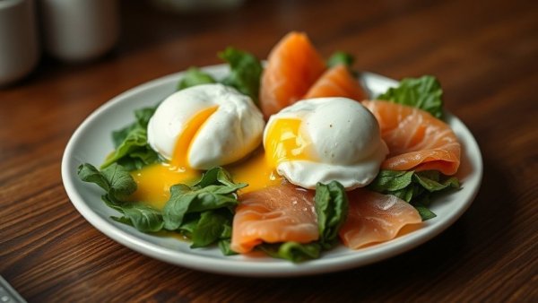 Benefits of skipping breakfast illustrated by a plate with poached eggs and salmon.