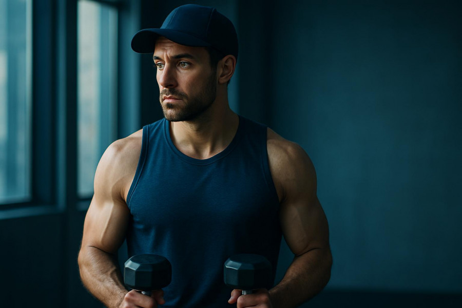 Athletic man contemplating shoulder safety in gym, cool tones and soft lighting.