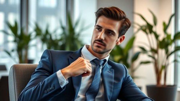 Businessman in a blue suit, seated confidently, modern office setting.