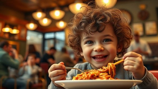 Child enjoying spaghetti at a kid-friendly NYC restaurant, cozy ambiance.