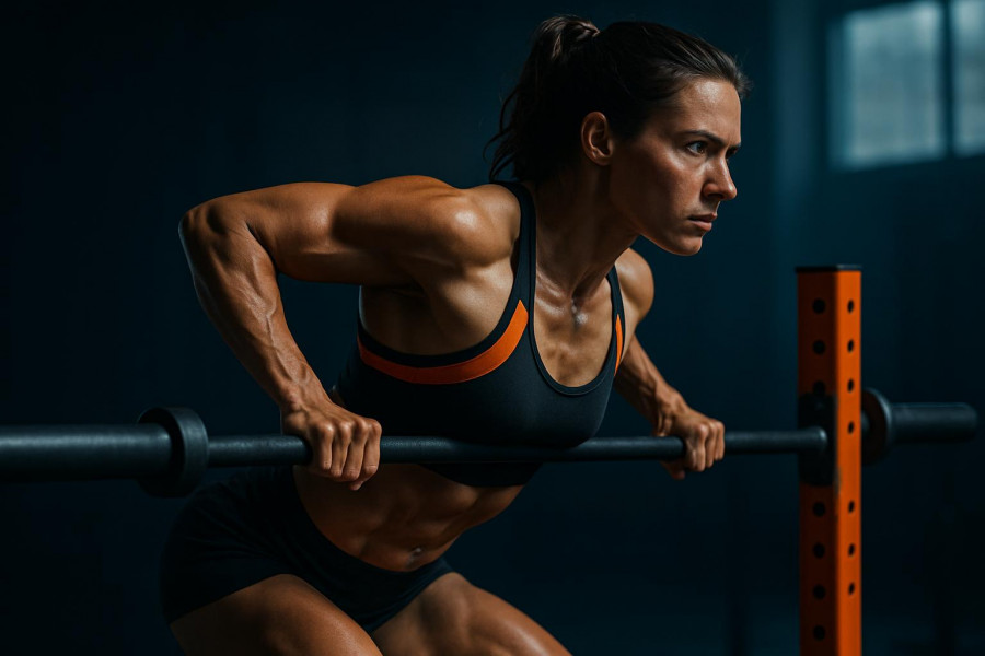 Athletic woman demonstrating innovative back strengthening techniques with focused determination.