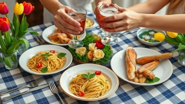 Mother's Day dining setup with linguine and tulips.