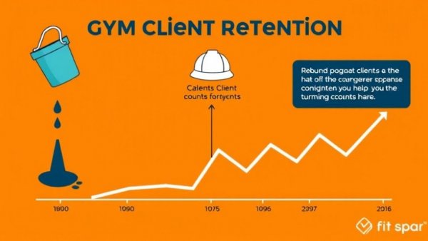Gym member retention chart with leaking buckets and client count.