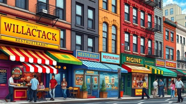 Colorful illustrations of NYC restaurants with pedestrians.