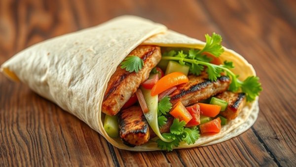 Taziki's gyro wrap with meat and fresh veggies on a wooden table.