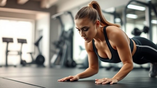 Athletic woman performing push-ups in a gym, showcasing best chest exercises for women.