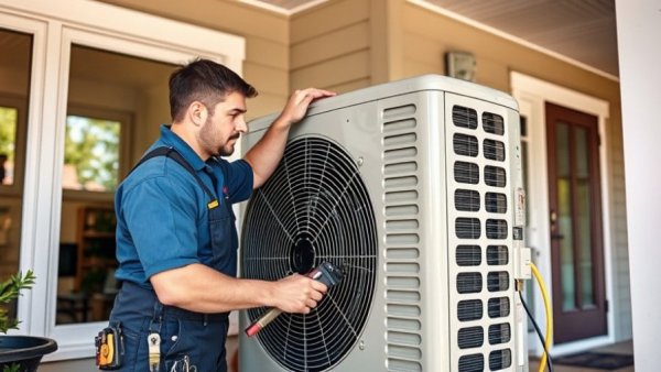 Technician performing compressor replacement for HVAC efficiency on porch.