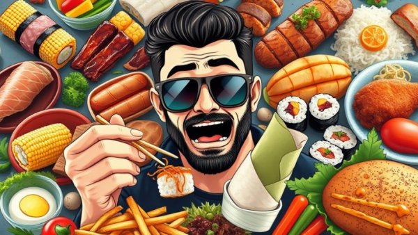 Colorful collage with man holding sushi and wrap among diverse foods.