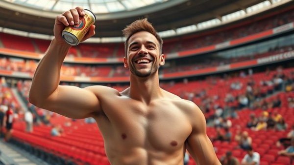 Smiling man holding beer after race at stadium, Bert Kreischer weight loss.