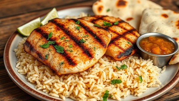 Juicy grilled chicken with rice and chutney in rustic setting.