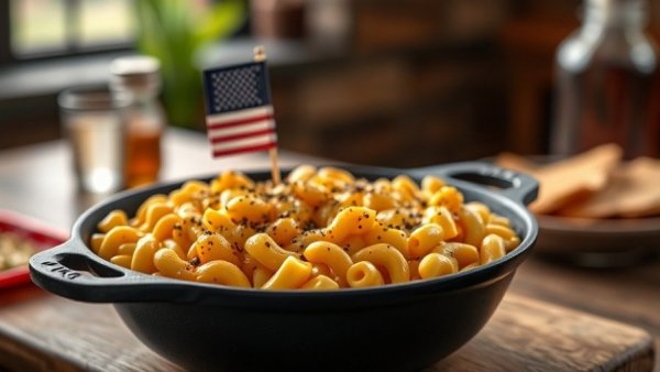 Cheesy baked macaroni with flag for Support Homeless Veterans Fundraiser.