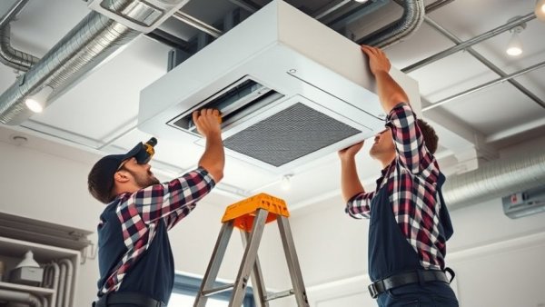 HVAC technicians using tools to install ceiling unit, AI in HVAC labor solutions.