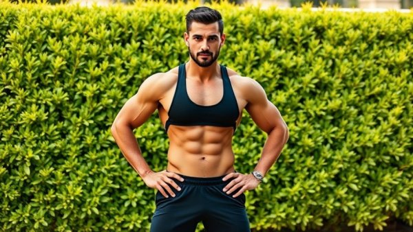 Athletic trainer promotes 15 Minute HIIT Cardio Workout in garden.