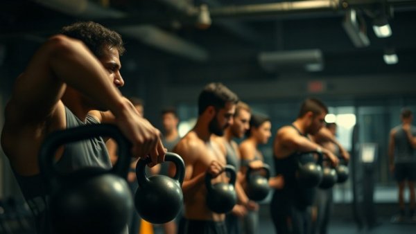 Social media strategy for gym owners: focused athletes lifting kettlebells.