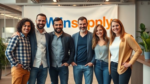 HVAC Local Company Growth: Team in front of Winsupply banner indoors.