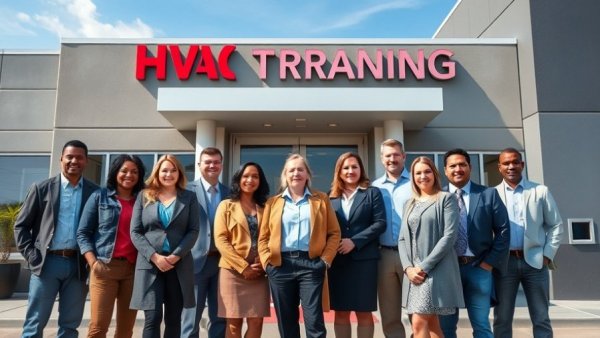 Diverse team at HVAC training center entrance showcasing HVACR Program Accreditation.