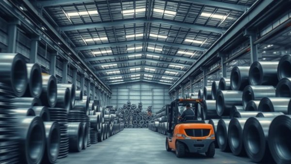 Majestic Steel warehouse with stacked steel coils and forklift.