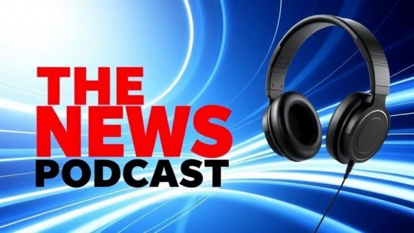 Podcast cover with headphones and abstract background.