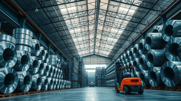 Vast industrial warehouse with metal coils and forklift, modular homes investment