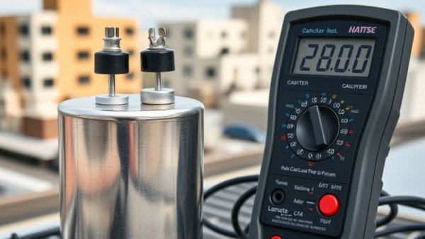 HVAC capacitor failure diagnosis with multimeter on a rooftop