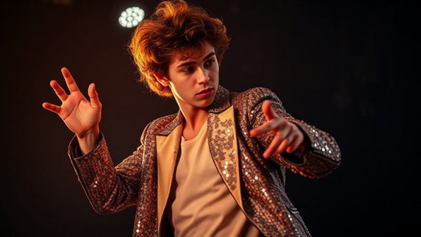 Stylish performer in sequined jacket, energetic pose.