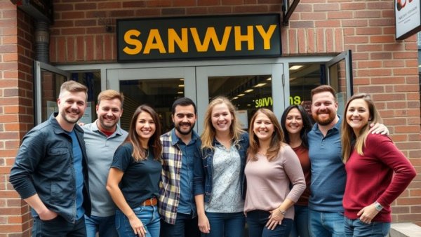 Group photo in front of a sandwich shop promoting Sliding Scale for Sandwiches.