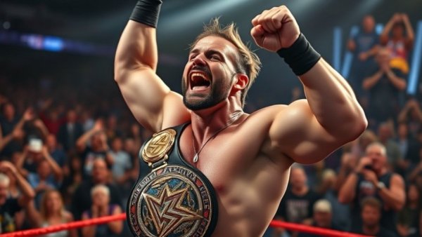 Energetic wrestler celebrating victory with a championship belt.