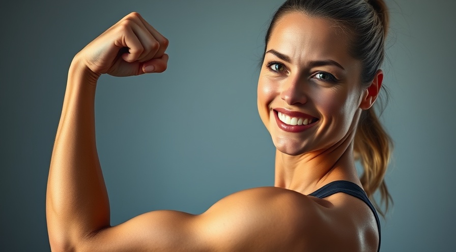 Athletic woman flexing her toned arm, showcasing bodyweight training strength.
