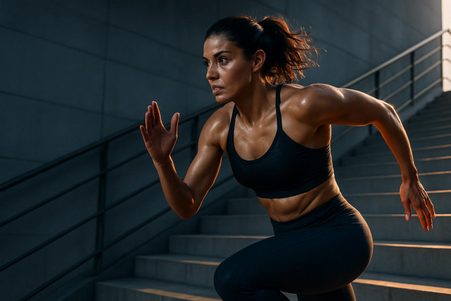 Athletic woman sprinting up stairs, showcasing burn fat and build muscle benefits.