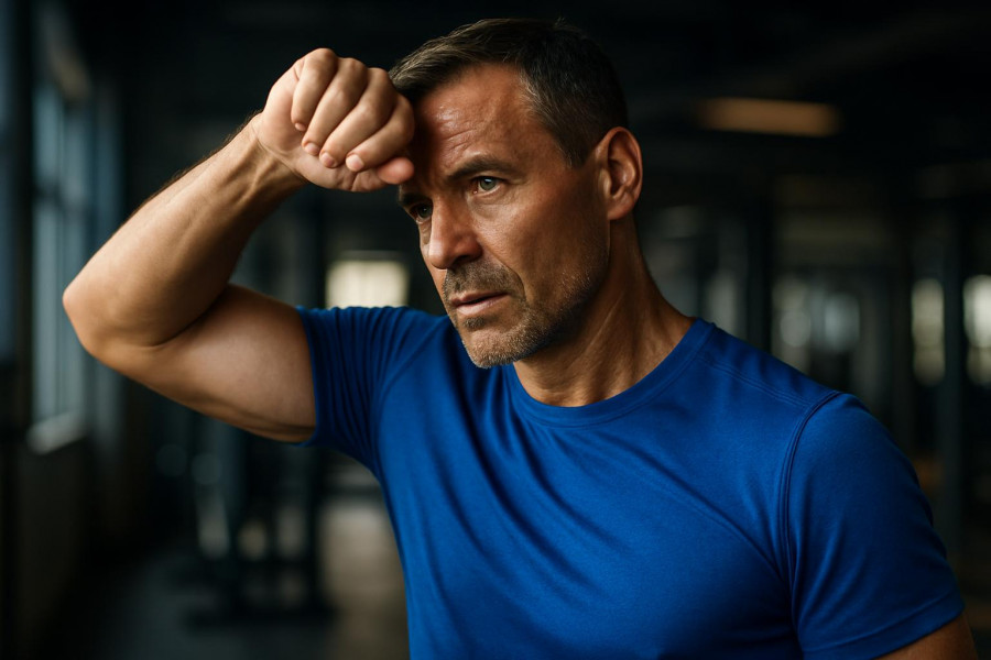 Confident man in mid-40s wipes sweat post-workout, showcasing WWE fitness tips.
